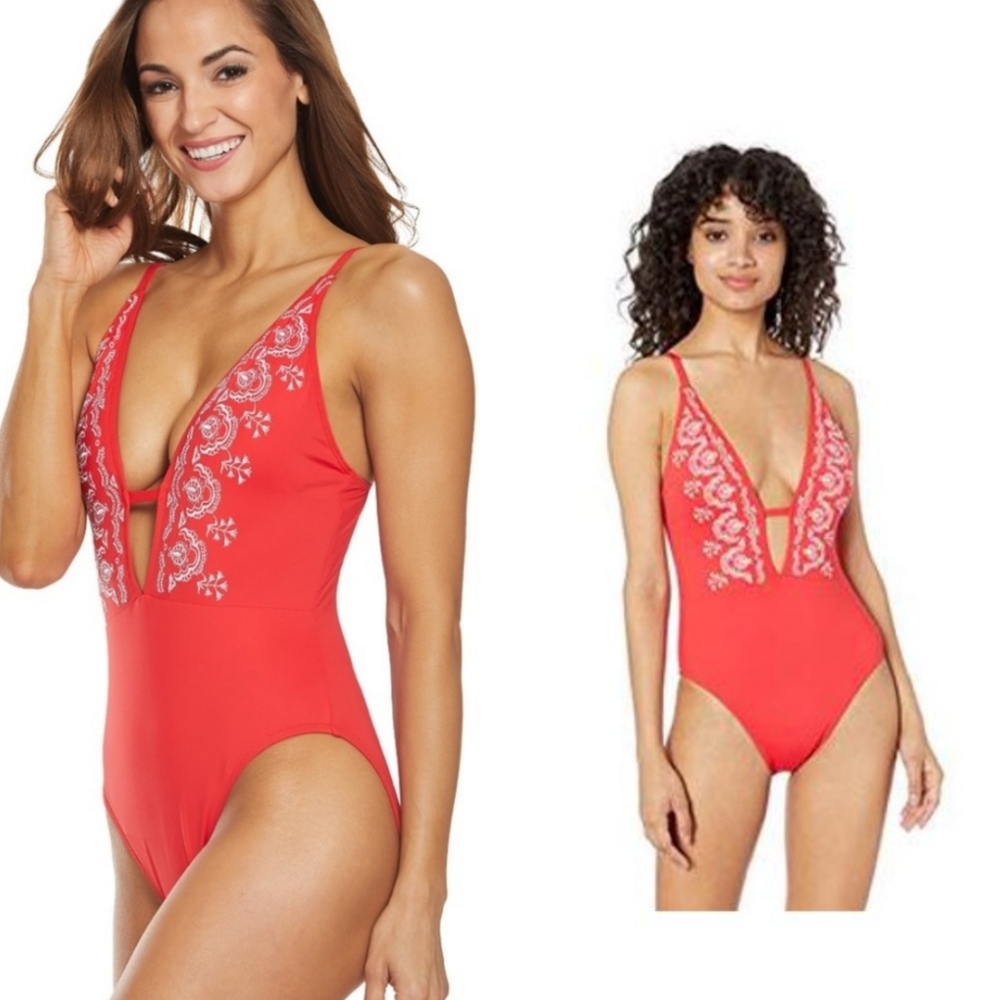NWOT LA BLANCA Red Social Club Embroidered Plunge Swimsuit